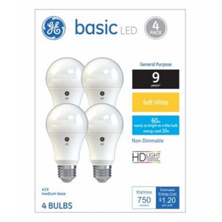 GE Lighting 240220 10W A19 Shape Soft White Light Color Bulb; Pack Of 4